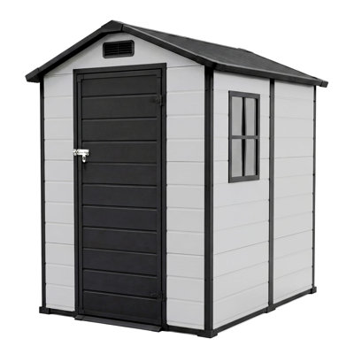Remise de rangement extérieure en plastique 4 x 6 pi avec plancher et fenêtre, abri de jardin en résine avec porte verrouillable, 2 évents et toit incliné pour les meubles de patio, les outils de jardin, les chaises de plage et la tondeuse à gazon, gris et noir