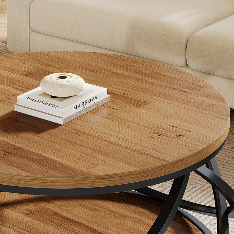 31.5" Modern Round Coffee Table with Storage Shelves, 2-Tier Rustic Circle Center Table with Metal Frame For Living Room, Small Space, Brown
