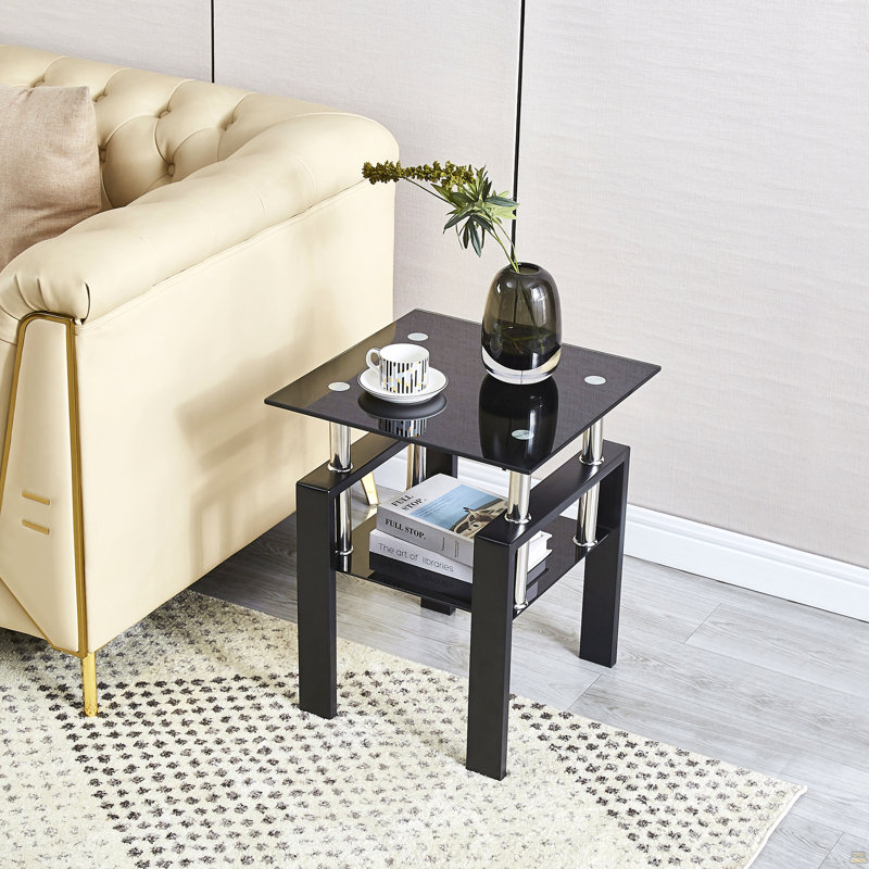 Tempered Black Glass Sofa Table, 2-Layers End Table With Storage, Living Room Side Table, Black