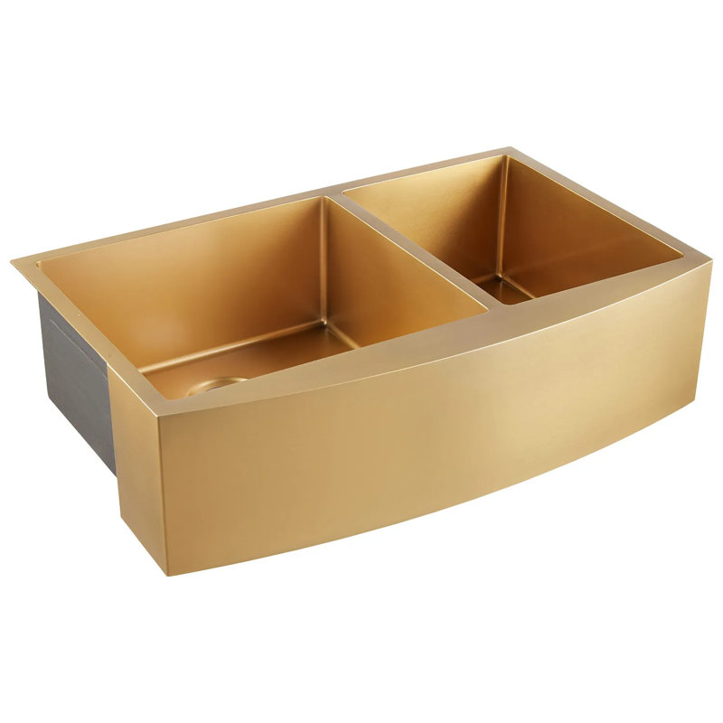 36" Atlas 60/40 Offset Double-Bowl Stainless Steel Farmhouse Sink with Curved Apron, Matte Gold