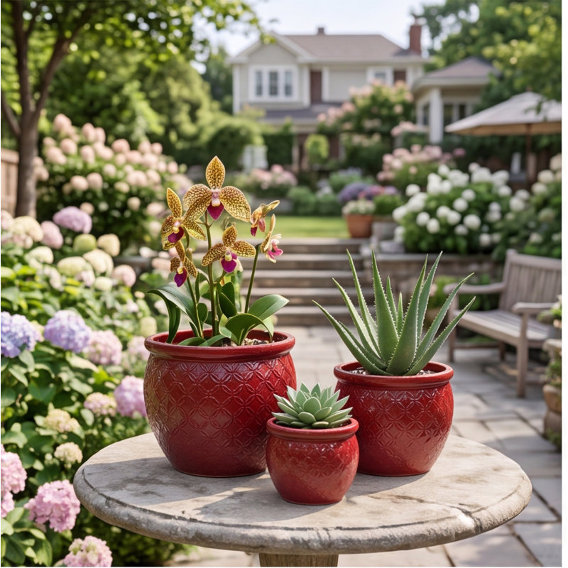 Ensemble de 3 pots à fleurs en céramique faits à la main en argile rouge foncé gaufré et respirant pour orchidées, intérieur / extérieur