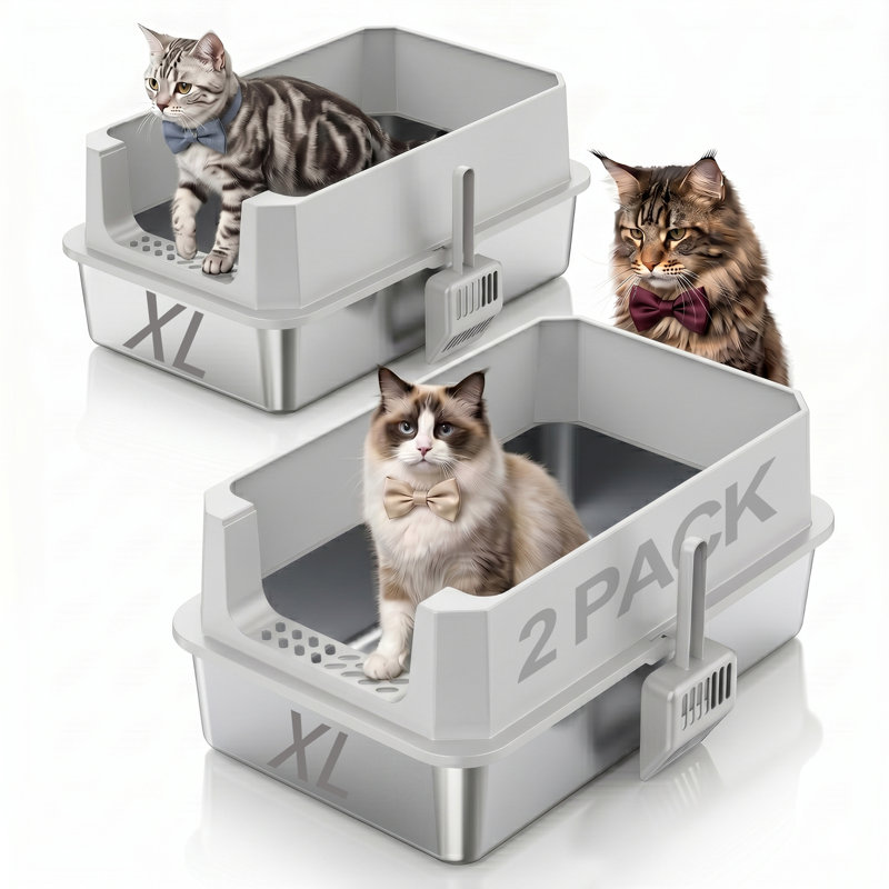 Bac à litière en acier inoxydable pour 2 petits chats, Gris argenté