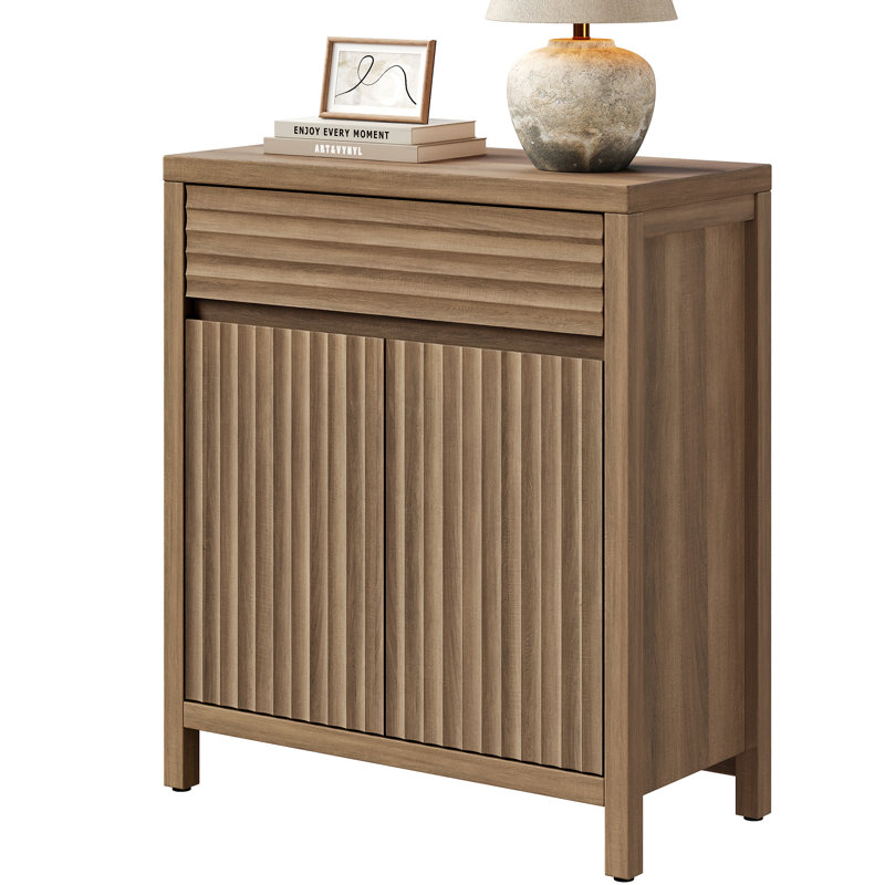 Armoire buffet moderne à cannelures élégantes 29,1 po avec 1 tiroir et 2 tablettes réglables, Chêne caramel, Individual