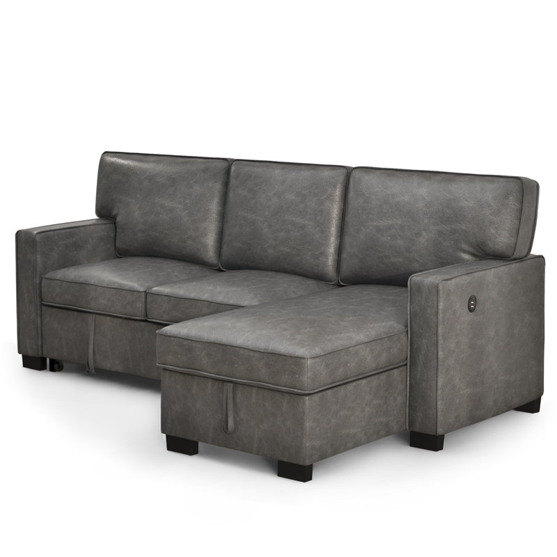 Shifnal 90.5" Wide Modern Upholstered Vegan Leather Multifunctional Chaise Sofa Bed With USB, Gray Faux Leather