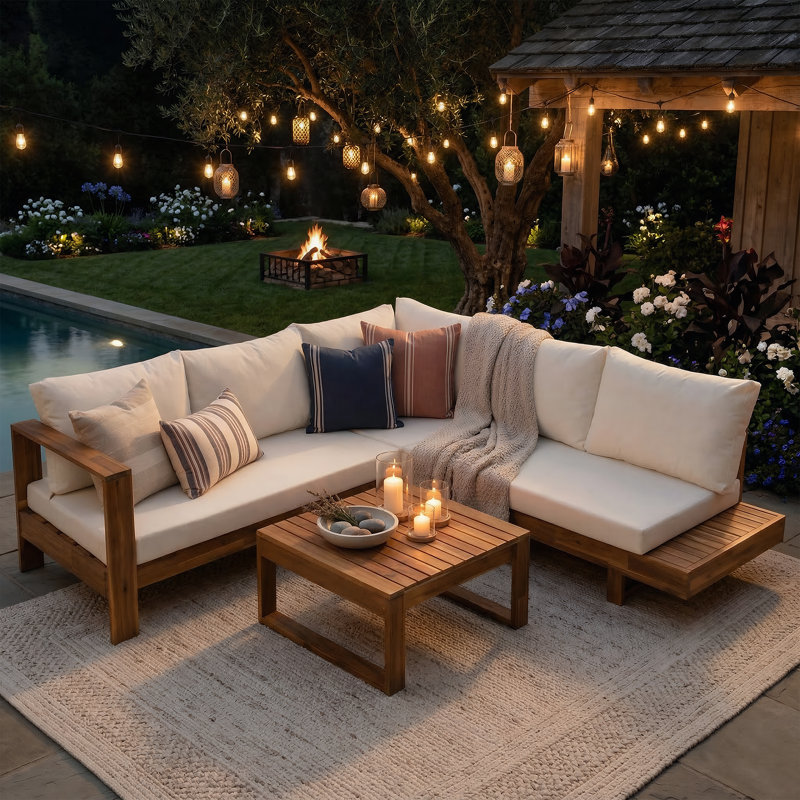 Abdel 82'' Wide L-Shaped Acacia Patio Sectional with Cushions