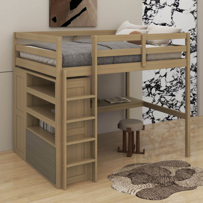 Full Loft Bed With Desk，Shelves And Drawers