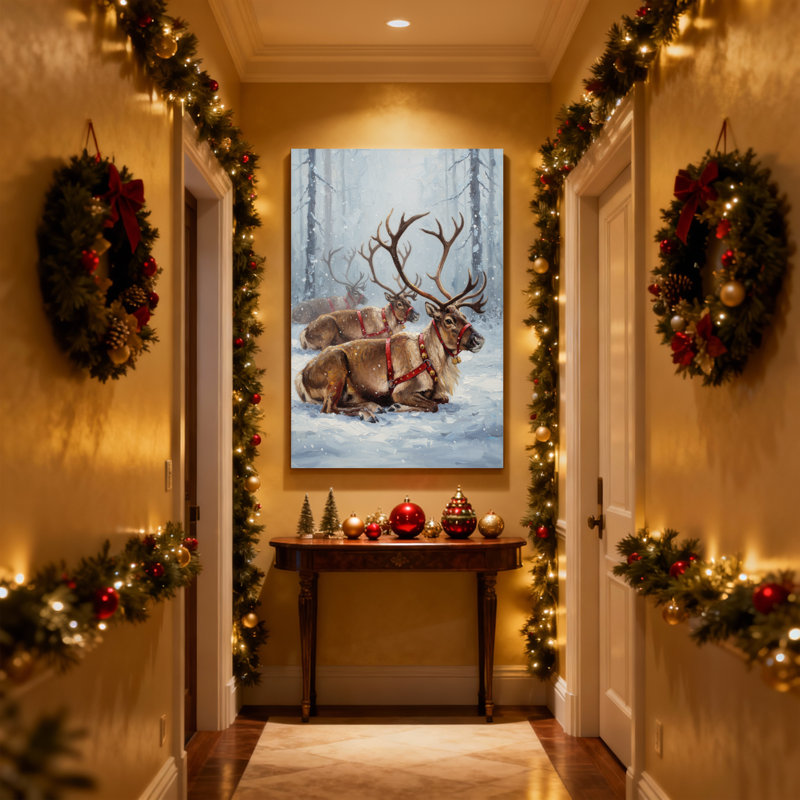 Renne de Noël dans une forêt enneigée, ensemble de 3 reproductions d'art sur toile, H 24 po x l 16 po