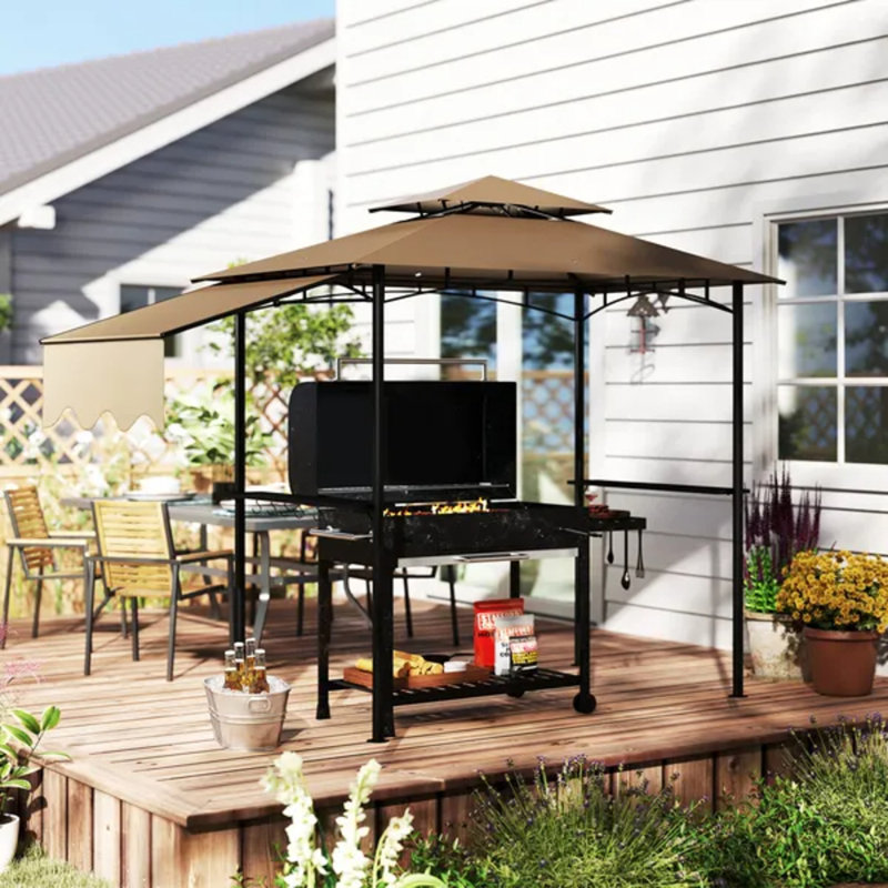 Abri de jardin extérieur 8 pi x 5 pi, abri de jardin avec auvent latéral, 2 tablettes latérales et 6 crochets, brun