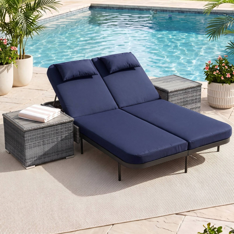 Outdoor Wicker Double Chaise Lounge Chair with Side Table & Cushions, Adjustable Reclining Back, Navy