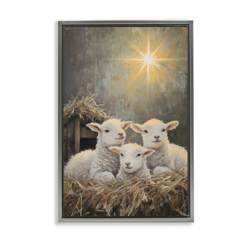 Agneaux festifs dans un cadre flottant stable, design par Petal Prints Design, Cadre flottant gris lustré, H 25 po x l 17 po