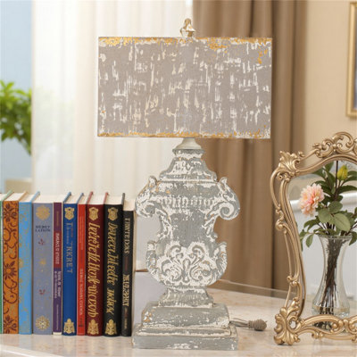 Vintage Table Lamp With Ornate Base, 27.95" Tall, Distressed Finish, Home Decor Accent