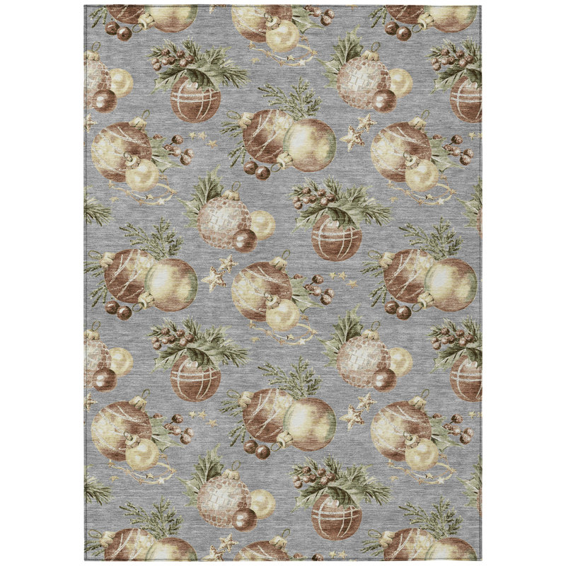 Gray Christmas Ornaments Flat Woven Synthetic Rug 5' x 7'