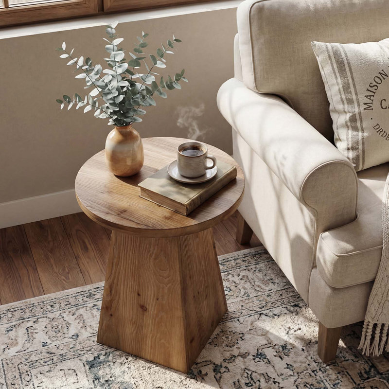 Petite table de bout en bois massif de 19 po avec base trapézoïdale, table d'appoint ronde de salon, 1