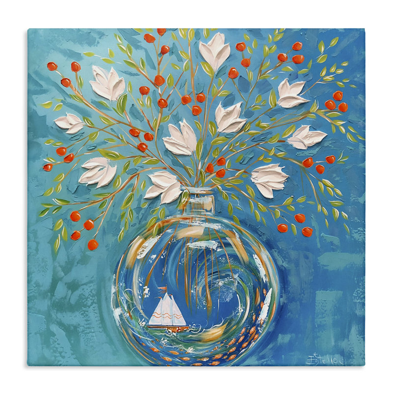 Art mural sur toile Vase, bateau à voile, par Estelle Grengs, H 36 po x l 36 po