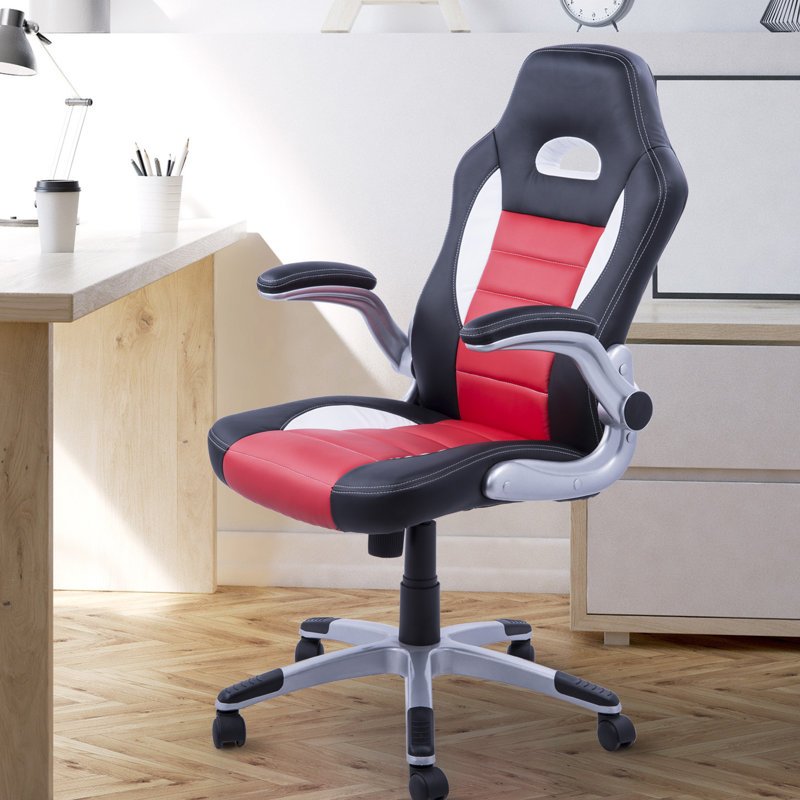 Latitude Run® Adjustable Faux Leather Swiveling PC & Racing Game Chair in Red