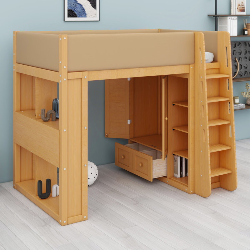 Lit mezzanine avec armoire, tiroirs et éclairage d'ambiance pour chambres peu encombrantes, Lit double, Bois