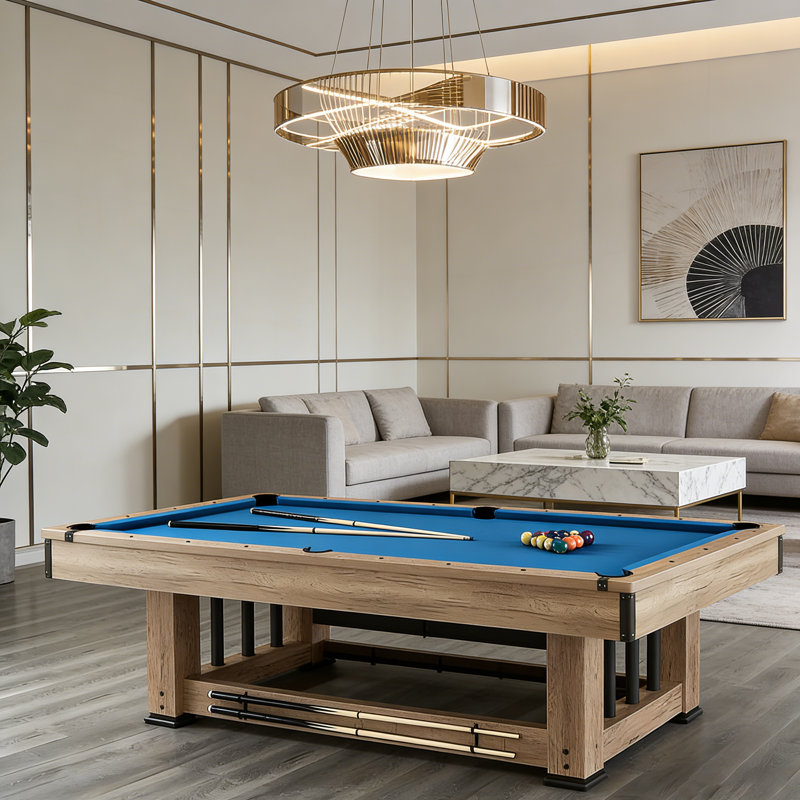 Table de billard 100% noire style industriel 100,39 ", tissu bleu, surface en marbre, finition grain de bois, rangement pour queues de billard