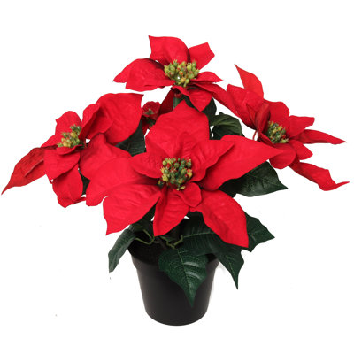 13" Red Poinsettia Bush in Black Pot with 5 Silk Flowers – Pack of 6, Lifelike Artificial Poinsettia for Holiday Decor, Perfect for Christmas Centerpieces and Floral Arrangements