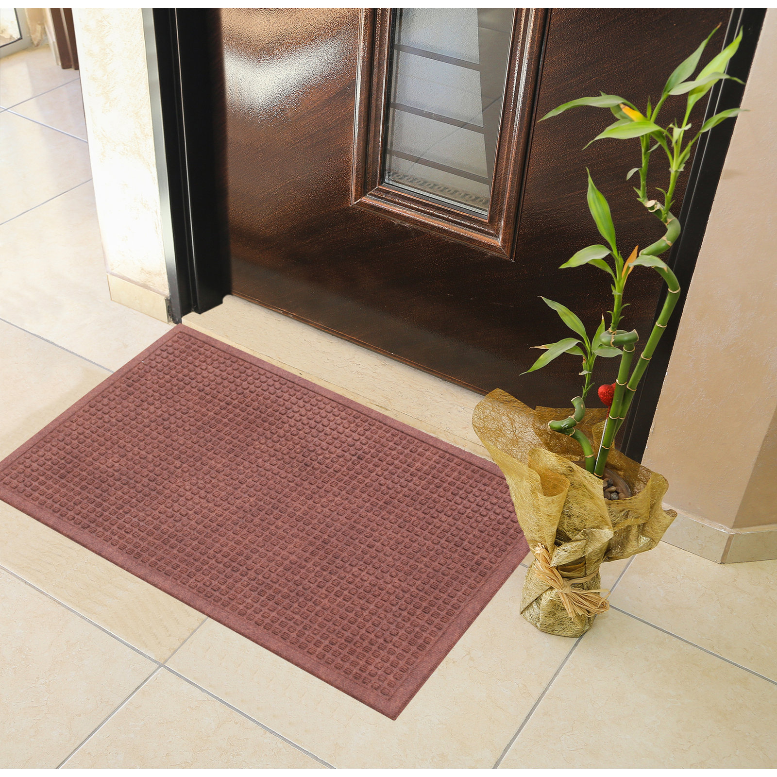WaterHog Squares Non-Slip Doormat, Rectangle 2' x 3', Dark Red