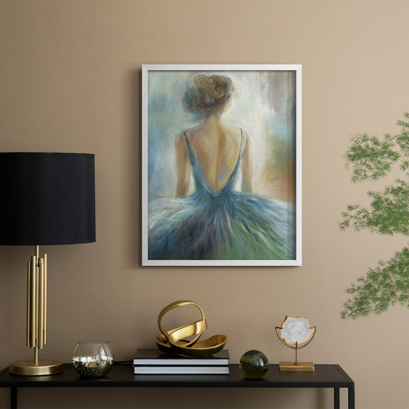 Lady in Blue Framed Print - Solid Wood, 15" H x 12" W, White