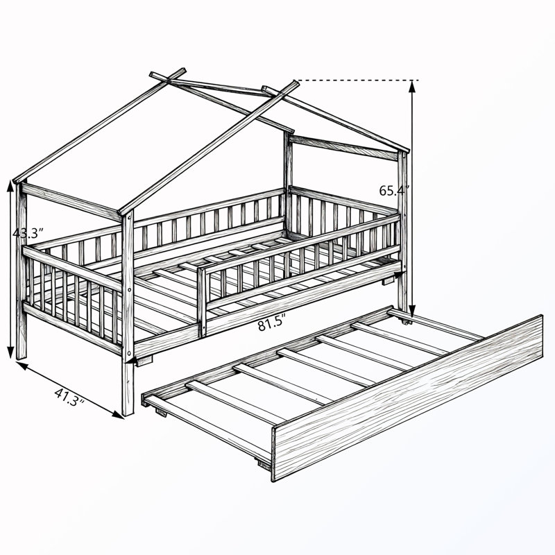 Twin Size Wooden House Bed With Trundle, Walnut, Twin