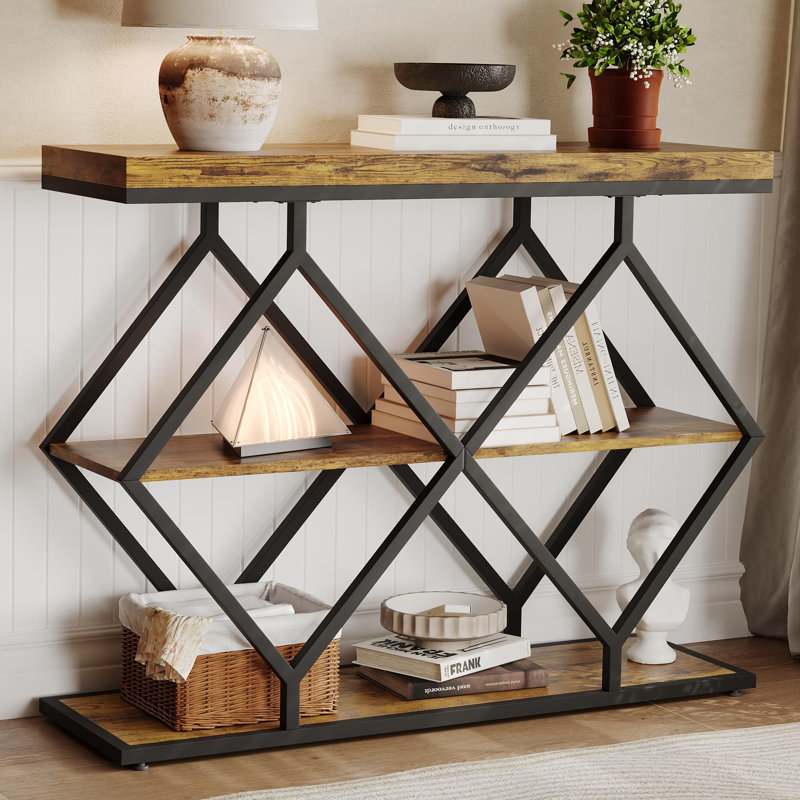 3-Tier Industrial Entryway Table with Storage, Console Sofa Table with Open Shelves, Diamond-Shaped Metal Frame, Brown