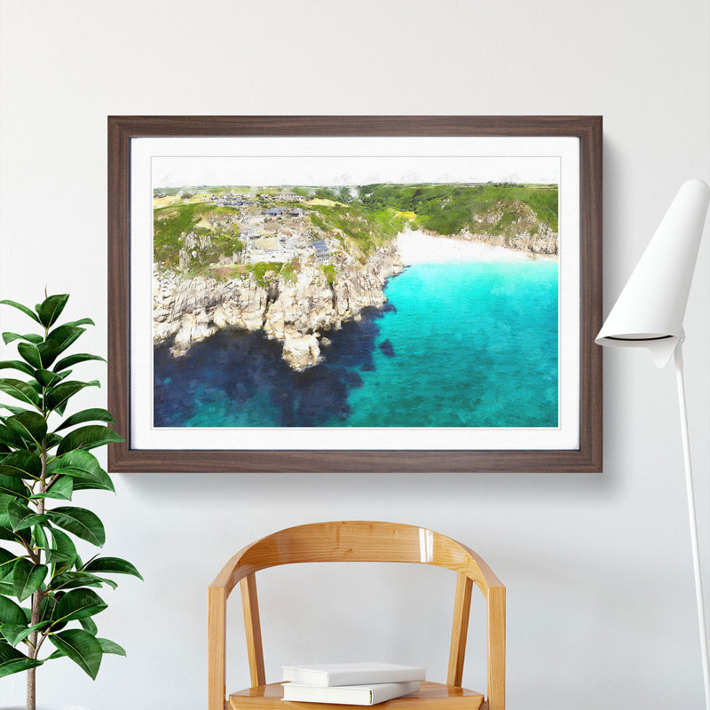 Porthcurno Beach in Cornwall - Picture Frame Graphic Art on MDF, 48cm H x 65cm W x 2cm D, Walnut Framed
