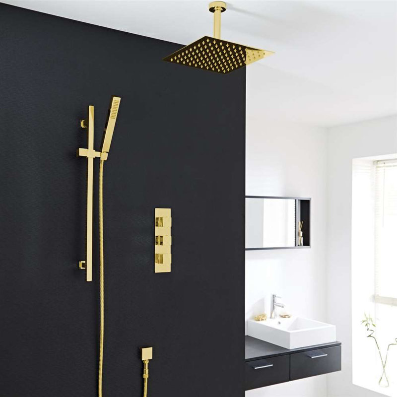 Système de douche à pluie FontanaShowers avec pomme de douche au plafond, douchette à main et triple valve dissimulée