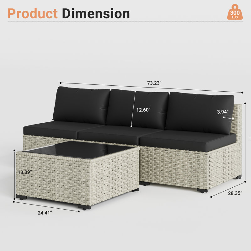 Canapé de patio en rotin 4 pièces avec coussins 4 pièces, Noir