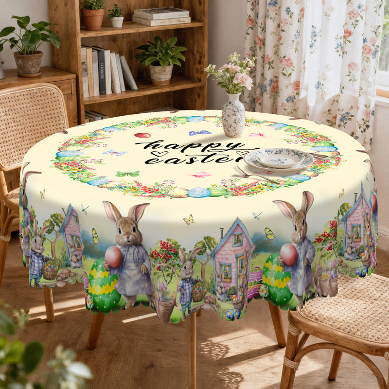 Machine-washable polyester Easter bunny pattern tablecloth, 59.8" Round