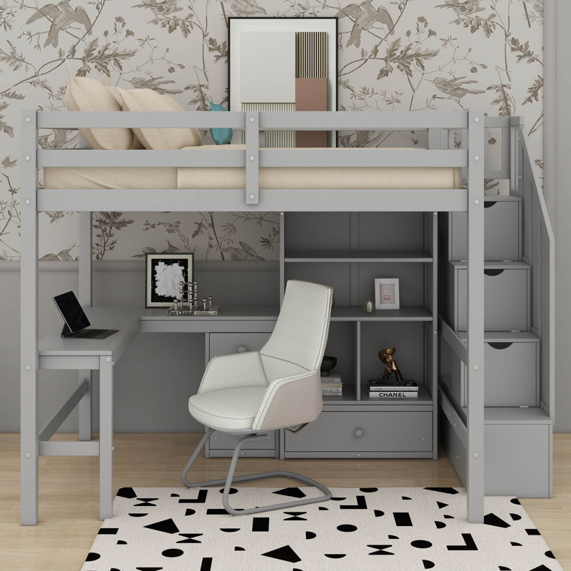 Lit mezzanine double avec bureau en L, armoire, tiroirs et escalier de rangement, Gris