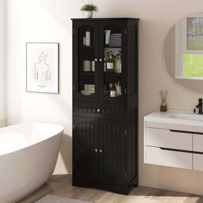 Black MDF Tall Living Room Cabinet with Adjustable Shelving