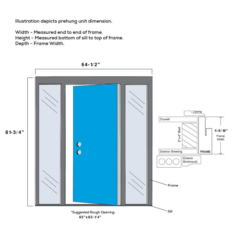 Portes d'entrée pré-fixées, H 81,75 po x l 64,5 po x P 4,563 po, Clair, Droite / vers l'intérieur