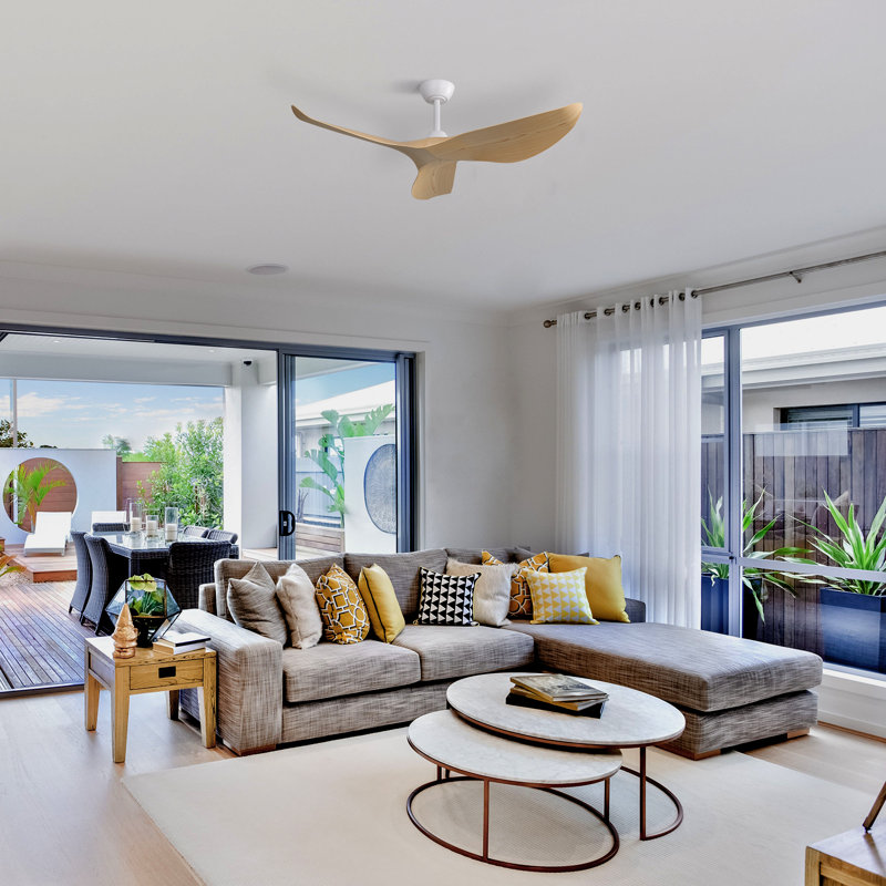 132cm 3-blade Modern Ceiling Fan With Remote Control, Natural Wood