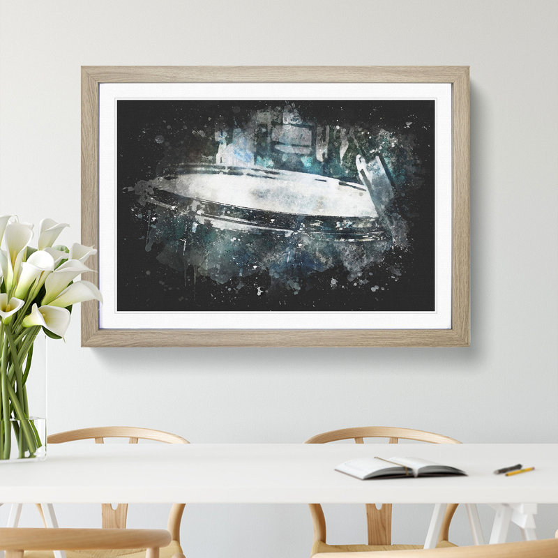 Teal Blue Drum Kit - Picture Frame Graphic Art Print, 33cm H x 45cm W x 2cm D, Oak Framed