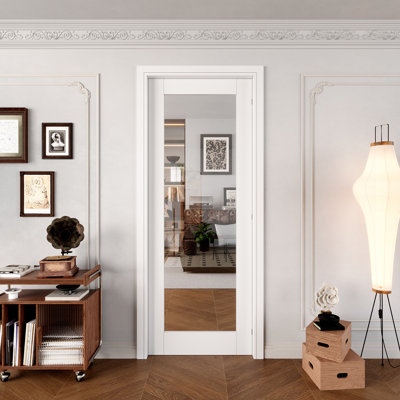 Interior 1‑Lite Clear Glass Door, Solid Core Primed Single Slab Door with SGCC Certified Tempered Clear Glass, Pre‑Finished & Easy DIY Satin, w/o Hardware, Pantry, Bedroom, Bathroom & Closet, for Prehung, French & Pocket Door, 32"x 80"