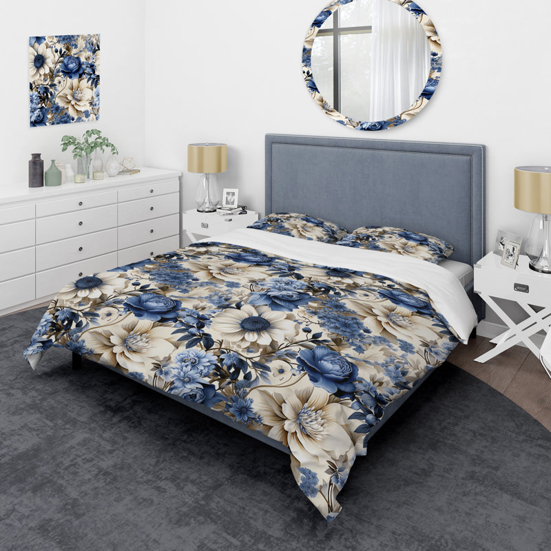 Cobalt Blue Floral Bouquets Victorian Pattern I - Ensemble de housse de couette à motif floral