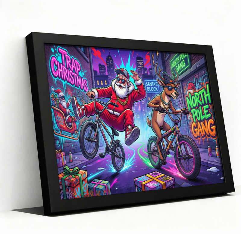 Tableau sur toile tendue représentant le père Noël et ses rennes à vélo, scène de Noël urbaine (lot de 1), H 20 po x l 30 po
