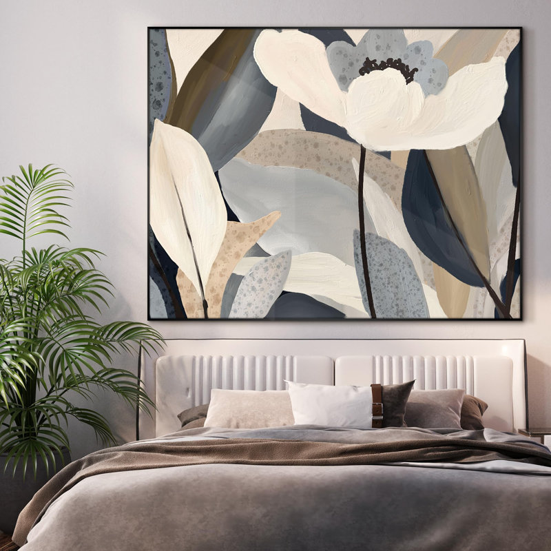 Extra Large Wall Art Fabric Print - Modern Neutral Tones Botanical Floral Illustrations Artwork Decor for Living Room or Bedroom - "Frame Assembly Required (Unfinished Frame)"