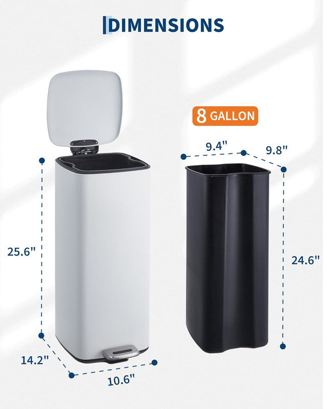 Poubelle carrée de 8 gallons en acier inoxydable avec couvercle, poubelle carrée avec seau intérieur pour la cuisine, le bureau