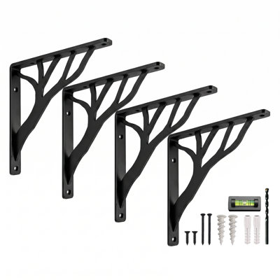 Rustic Tree Shelf L Brackets by Balin Designs (Black) for 6"-8” Shelves - Heavy-Duty Decorative Metal Mantel Bracket Supports - Easy Installation with Included Hardware - Set of 4