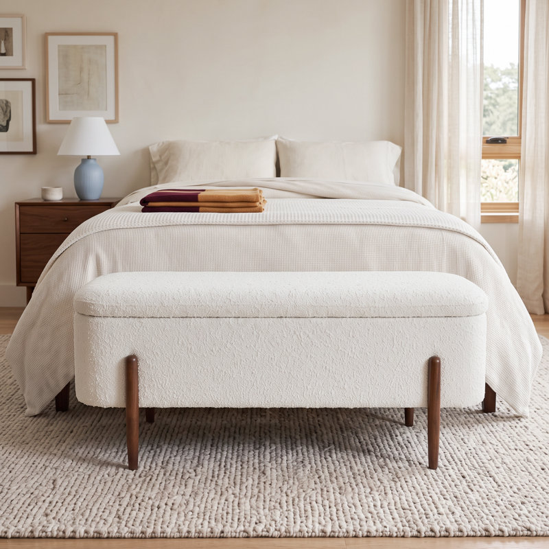 Pixie 48" Mid-Century Modern Japandi Ivory Boucle Fabric Upholstered Storage Bench