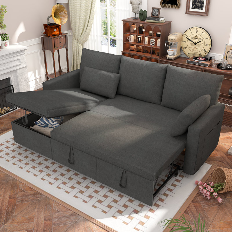 Sleeper Soft Bed,Pull Out Couch Bed with Storage Chaise,Iron Frame Soft Futon Sofa(Linen L-Shape,Dark Gray), Dark Gray Linen