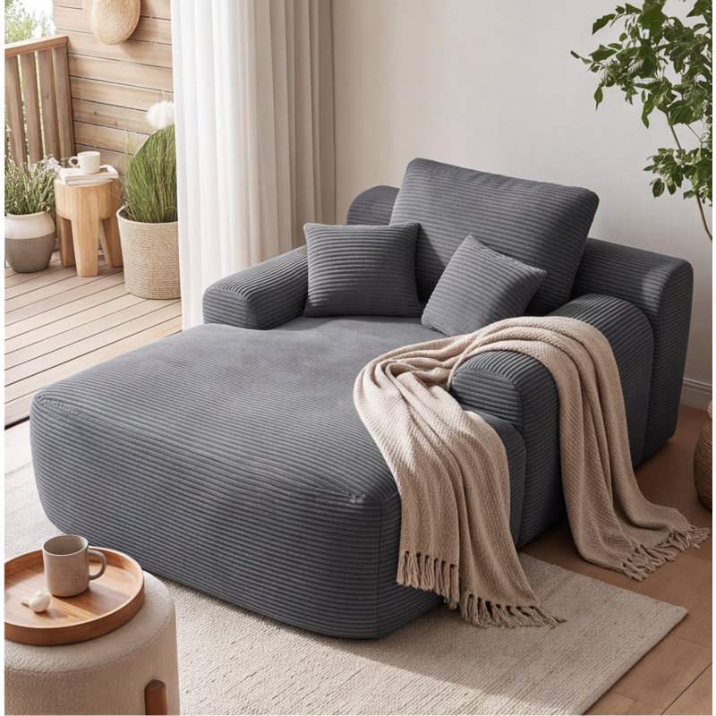 Méridienne convertible, canapé-lit moelleux en velours côtelé avec accoudoirs larges et coussins décoratifs, gris, aucun assemblage requis