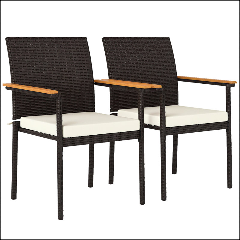 Chaise de salle à manger en rotin PE avec accoudoirs et coussins en bois d'acacia (ensemble de 2)