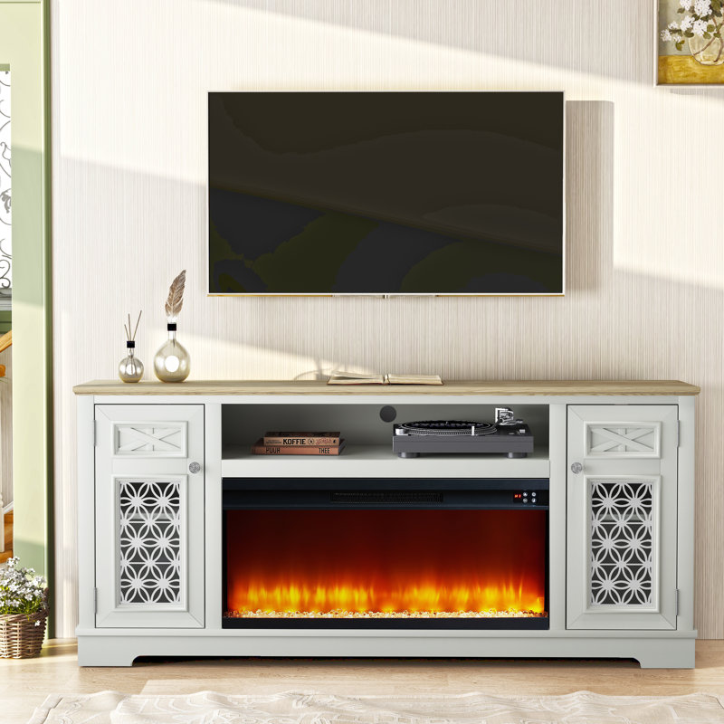 TV Stand with fireplace, White/Natural