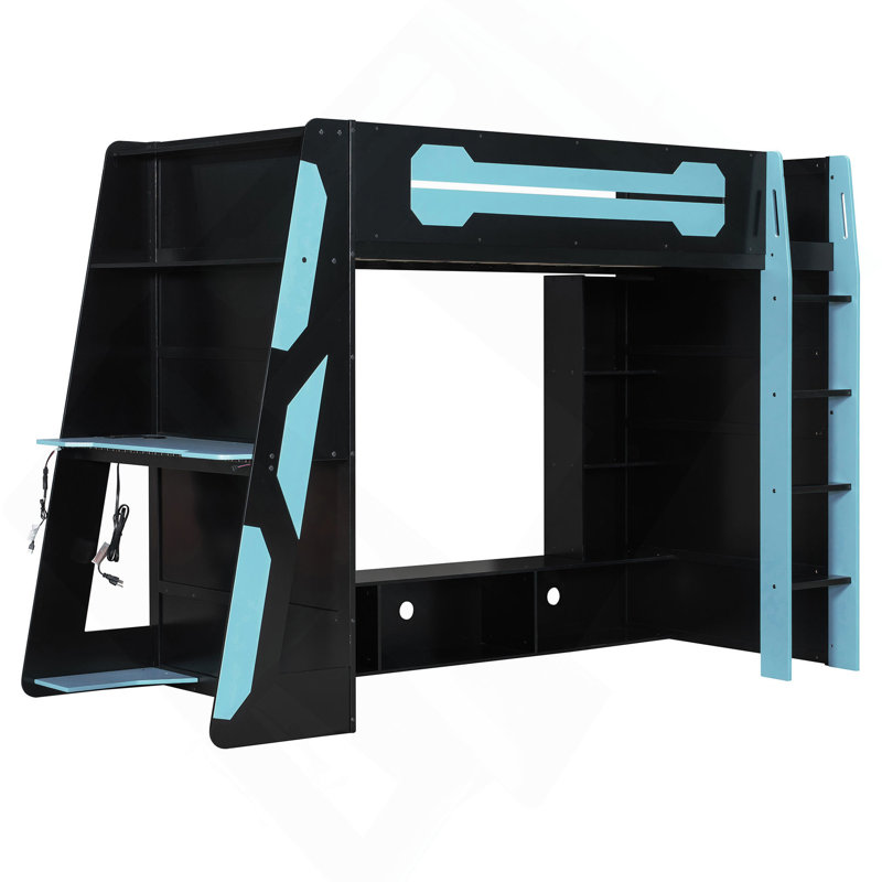 Lit mezzanine en bois avec bureau, tablettes multiples et lumière RVB, Bleu