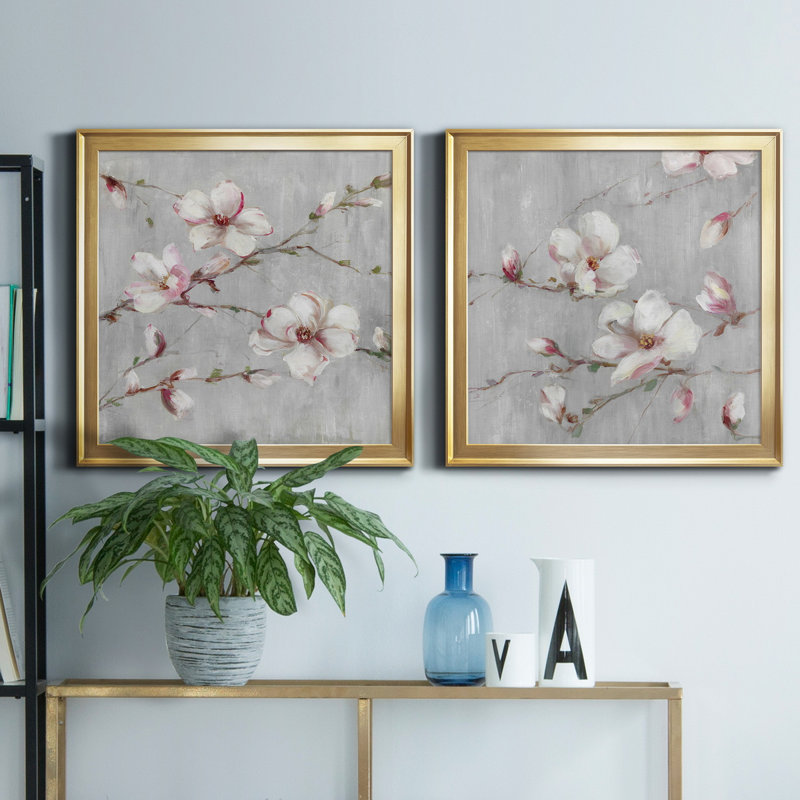 Magnolia Spring I - 2 pièces, peinture sur toile encadrée, Cadre doré, H 17,5 po x l 35 po x P 1,5 po