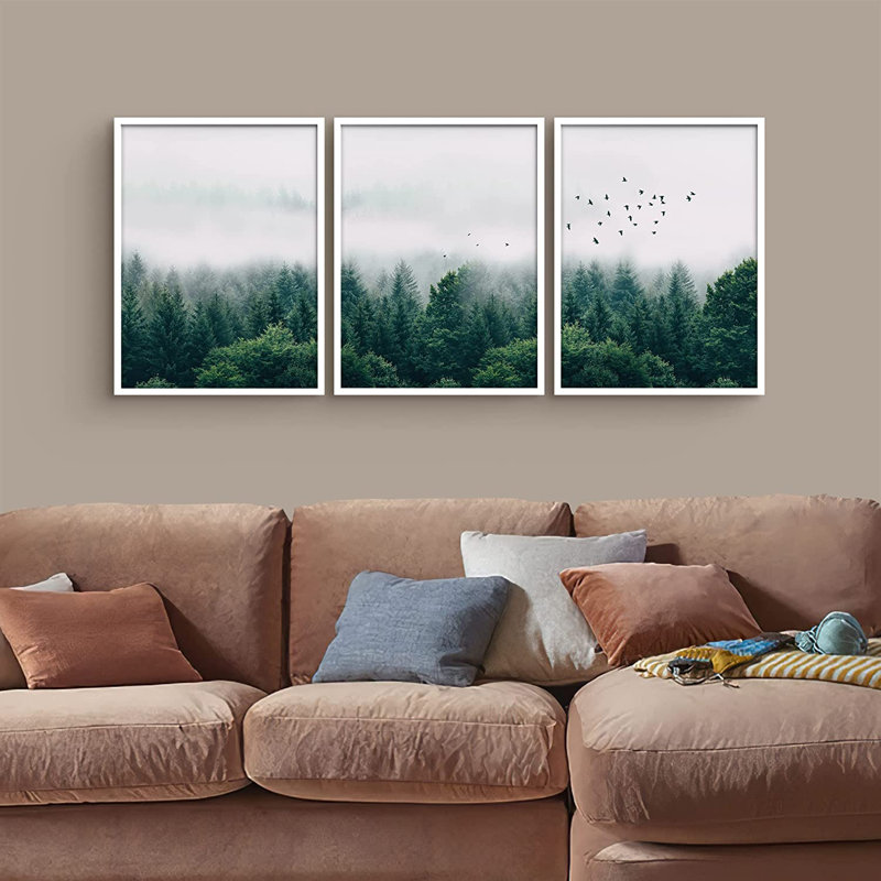 Birds Fly Over Cloudy Forest - Photographie de cadre 3 pièces, Blanc
