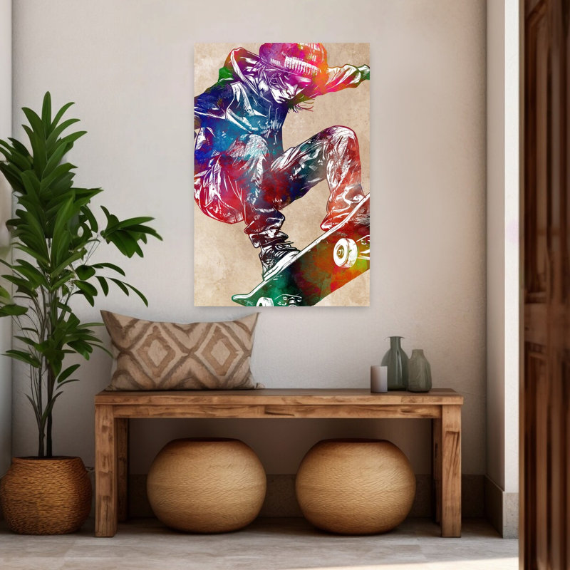 «Vibrant Skateboard Action», art mural contemporain, H 48 po x l 32 po